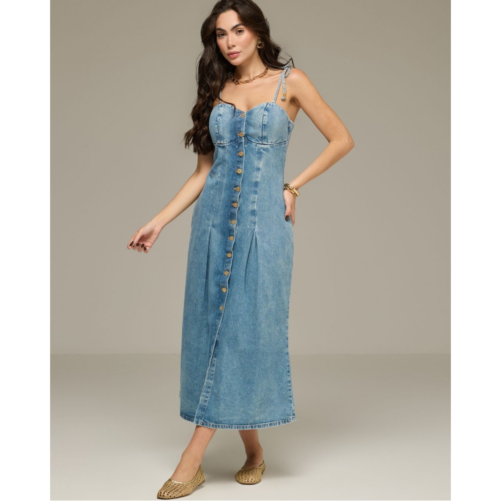 Vestido midi botões frontais alças
