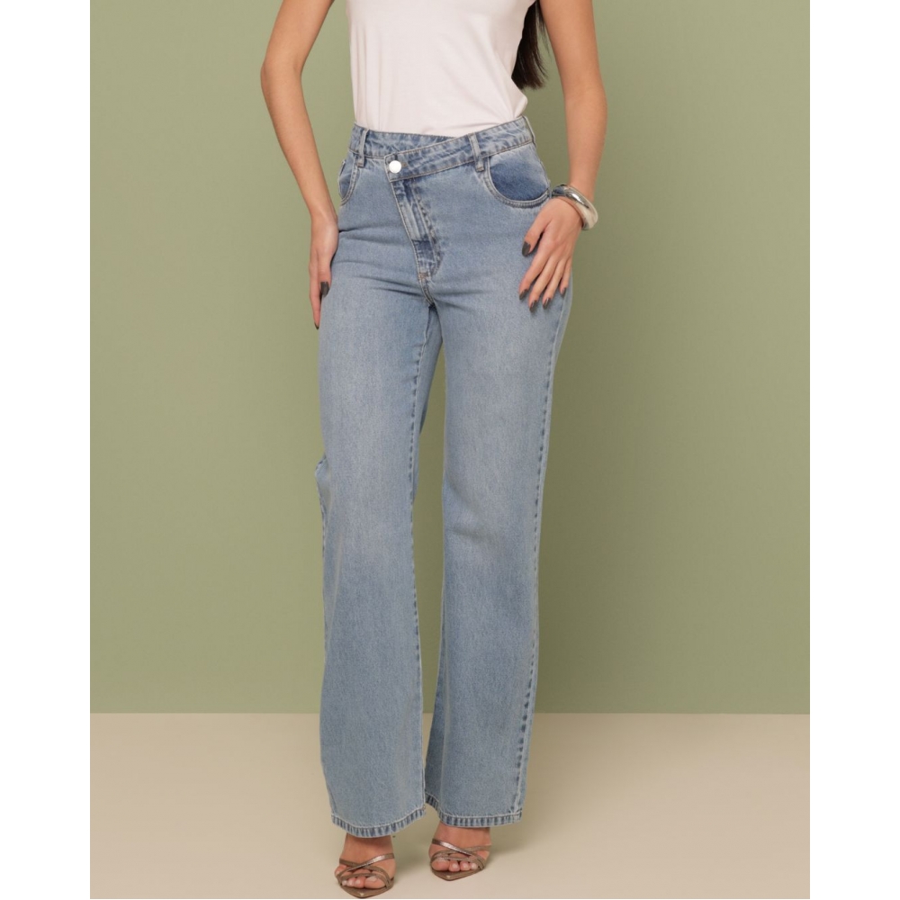 Calça wide leg cintura alta cós atravessado