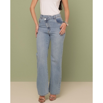 Calça wide leg cintura alta cós atravessado
