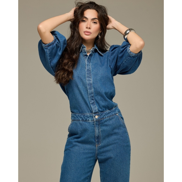 Macacão manga bufante jeans