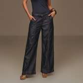 Calça wide leg  bolso faca e faixa